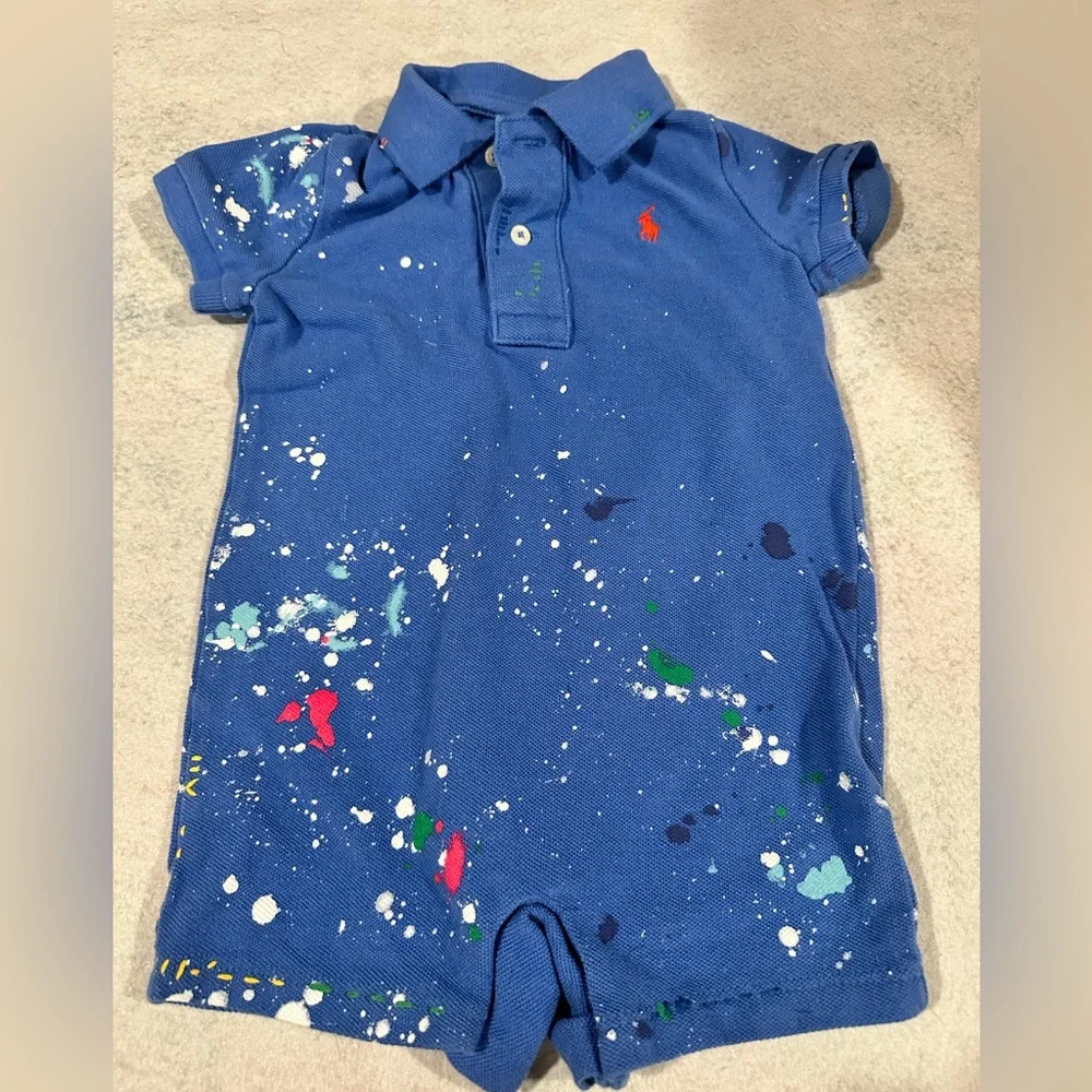Ralph Lauren Paint Splatter-Print Mesh Polo‎ Shortall - EUC